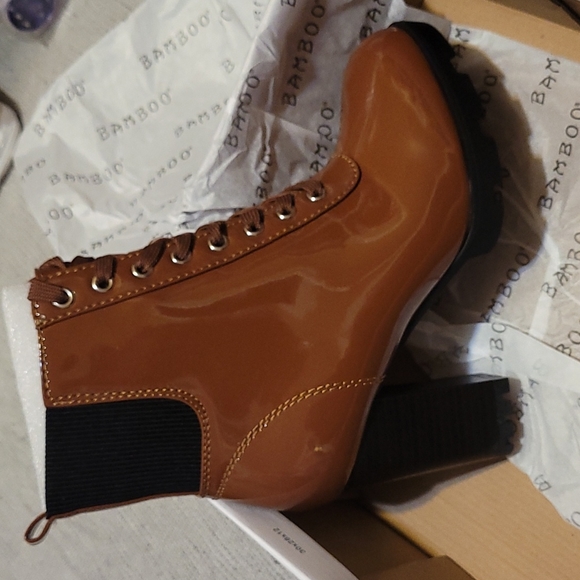 Cognac Shiny Glossy Man Made Leather Lace Up Chunky Bootie - Picture 2 of 7